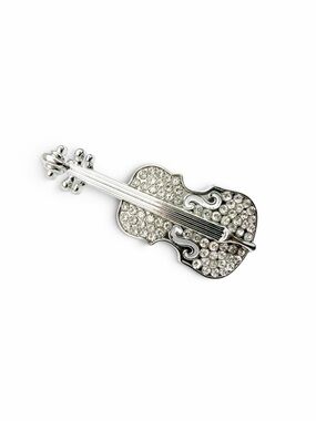 Rhinestone Violin Brooch, Silver Tone Music Pin, Sparkling Musical Instrument